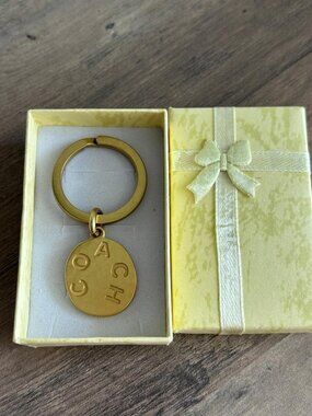 Coach Brass Circular Bag Charm Key Chain w/Coach Embossed in Block Letters